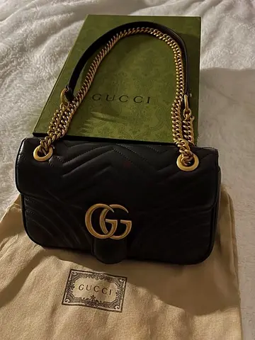 Gucci Marmont Small Black Matelassé Shoulder Bag with Dust Bag & Box