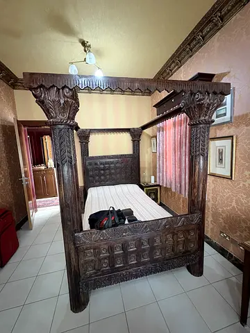 Antique Hand-Carved Four-Poster Wooden Bed - Solid Dark Wood