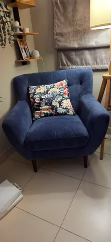 Two Blue Velvet Accent Armchair with Wooden Legs