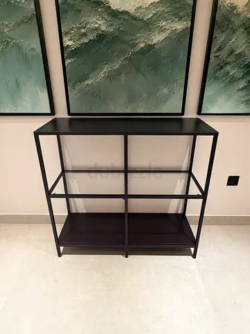 Black metal display shelving unit with glass shelves - good condition