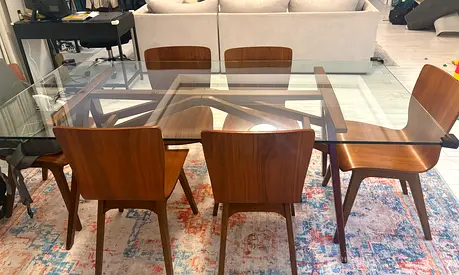 Glass Top Dining Table with 6 Wooden Chairs