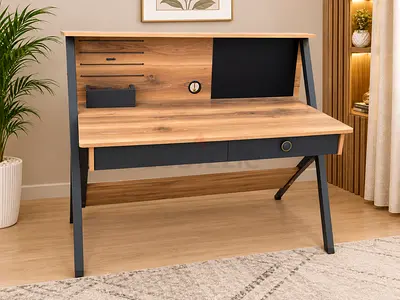 Wooden Study Desk with Back Panel Organizer and Drawers - Light Oak