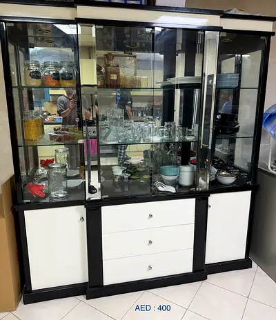 Black & White Glass Display Cabinet with Drawers - Good Condition