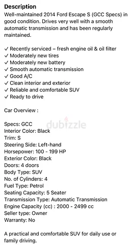 Ford Escape S 2014 GCC Specs