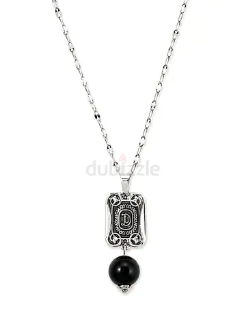 Silver Tone stainless Necklace with Initial D Pendant and Black Bead