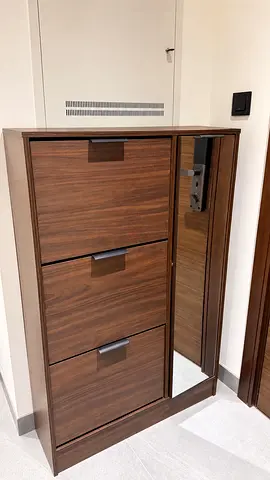 Slim 3-Drawer Walnut Shoe Cabinet with Mirror - Good Condition