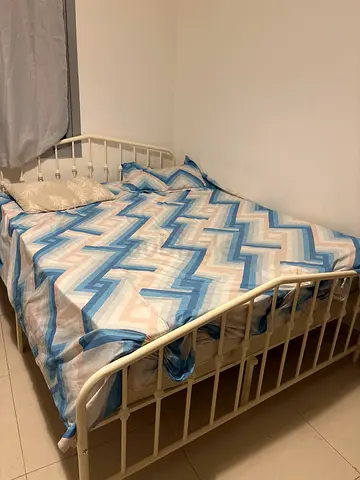Metal single/twin bed frame with 2 mattress (4 pillow)and bedding - good condition