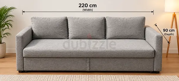 Gray 3-Seater Fabric Sofa Bed - 220cm Width, Pull-Out Storage