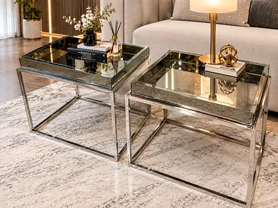 Marina Home Pair of Mirrored Glass & Chrome Side Tables - Modern End Tables