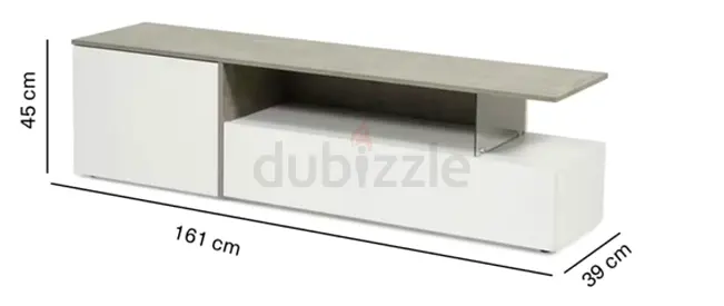 Modern low TV cabinet with storage - 161cm, white & concrete top