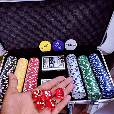 Premium Poker chip set with cards and red dice in aluminum case