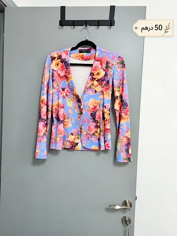 Floral Blazer Jacket - Light Blue Multicolor, Size Medium