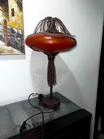 Vintage hanging-bead table lamp with wooden shade