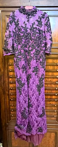 Purple lace evening gown with black sequin embroidery, size approx L size 14