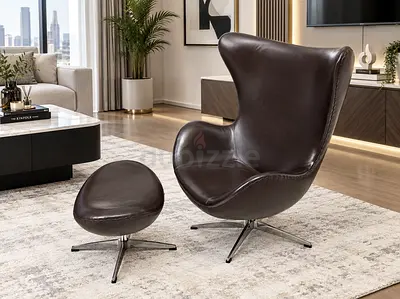 Dark Brown Leather Egg Chair with Ottoman - Swivel Accent Chair