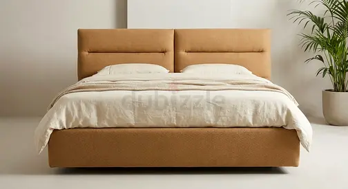 King size upholstered bed frame with cushioned headboard - Camel
