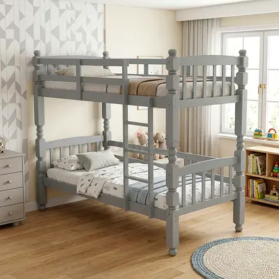 Single Solid Wood Grey Bunk Bed - Twin over Twin,