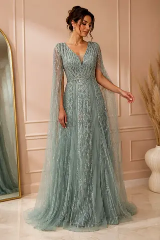 Embellished Sage Green Evening Gown with Cape Sleeves