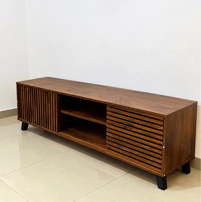 Wooden TV Entertainment Unit with Slatted Doors - Medium Brown