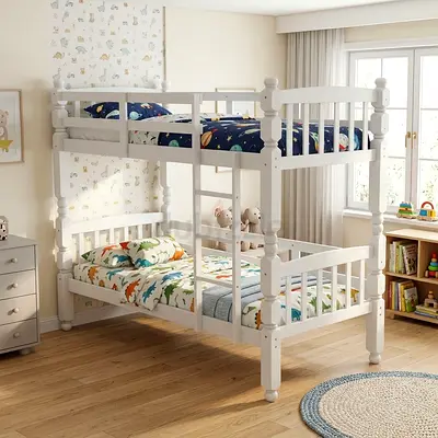 Single Solid Wood White Bunk Bed With Medical Mattress