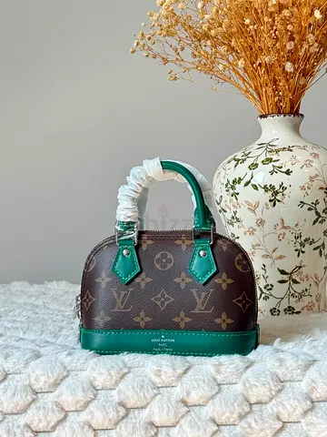 Brown LV Monogram Alma Mini Top Handle Bag with Green Trim