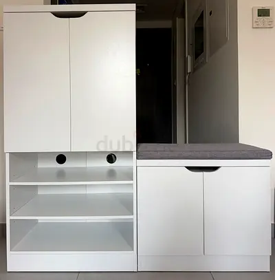 White entryway shoe cabinet with cushioned bench - modern compact unit