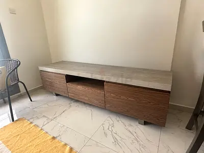 Modern TV Cabinet with Storage - Woodgrain & Grey Top