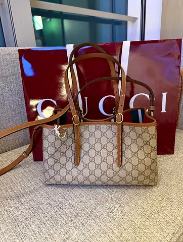 Gucci Beige GG Canvas Small Shoulder Bag with Brown Leather Trim