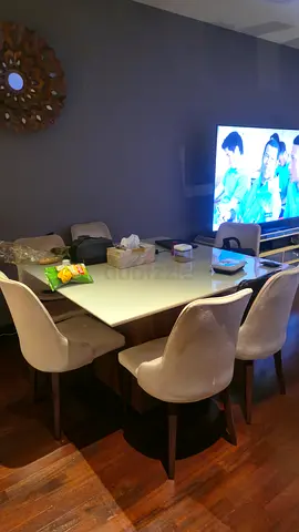 Dining table with 6 upholstered chairs - glass top, wooden base