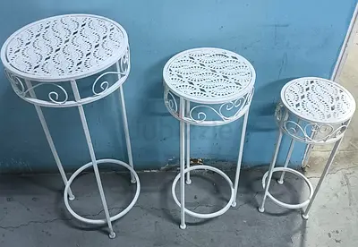 Set of 3 White Metal Plant/Display Stands - Nesting Pedestals