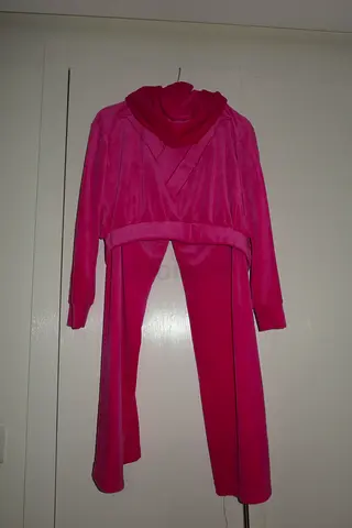 Pink velour tracksuit set - jacket and matching pants, size small to medium