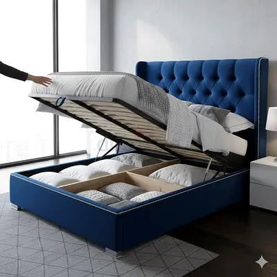 Blue Upholstered Ottoman Storage Bed with Tufted Headboard - King Size