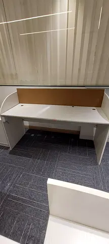 White double workstation desk with modesty panel and storage