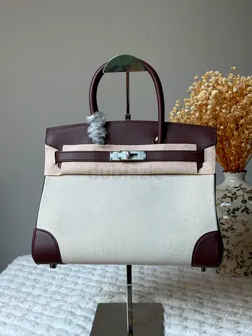 Brown and Beige Top-Handle Canvas Leather Handbag