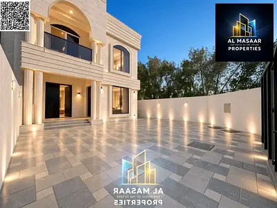 Corner villa for sale in Ajman (Al Yasmeen area): 3,400 sq. ft. plot, 3 stories plus a roof terrace. Features 5 bedrooms, a majlis, a living room, and
