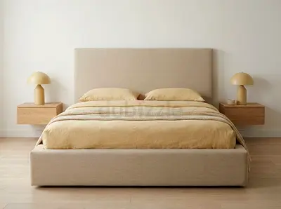 Beige Upholstered Bed with Headboard - Modern Minimalist
