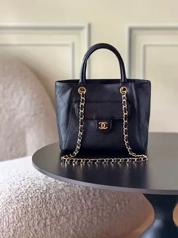 Black Quilted Leather Top-Handle Chain Tote (Chanel-style)