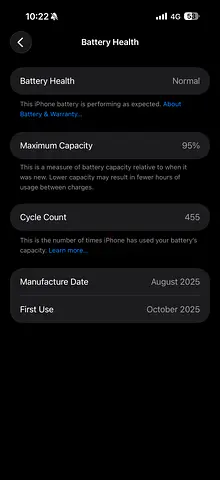 iPhone 17 pro max 95% Battery Health, 455 Cycles (Used) Under Warranty