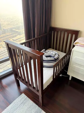 Wooden Baby Crib (Dark Brown) - Good Condition