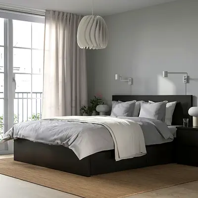 IKEA MALM King Bed + 4 Storage Drawers + Mattress + Mattress Cover – Black-Brown