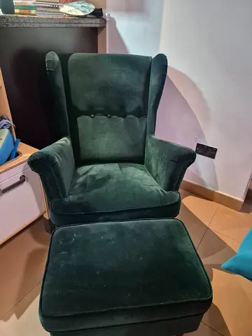 Dark Green Velvet Wingback Armchair with Ottoman - Good Condition
