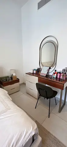 Engineered Wood and beige dresser and nightstand with vanity mirror - flawless condition