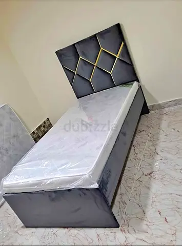 Single bed with upholstered headboard and mattress - grey