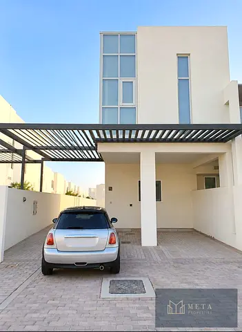 Best deal for spacious 3 bedrooms plus maid’s room with 5 bathrooms, cozy living room, L-shaped garden, single row, road view for rent at AED115,000