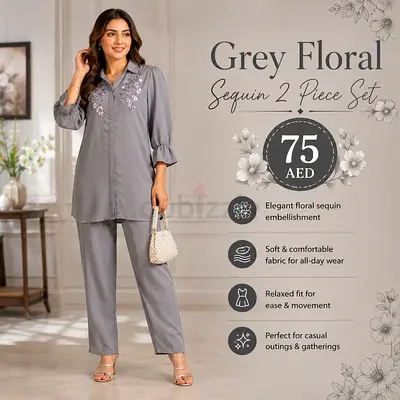 Grey Floral Sequin 2-Piece Set - Relaxed Fit