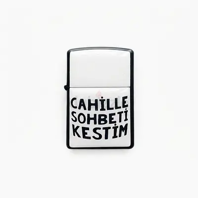 White metal flip lighter with Turkish text 'Cahille Sohbeti Kestim' - UNUSED - 188