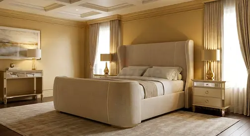 Beige upholstered bed with headboard and footboard