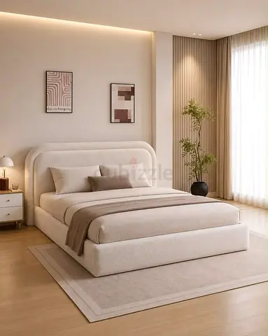 Modern Upholstered Double Bed with Headboard - Beige