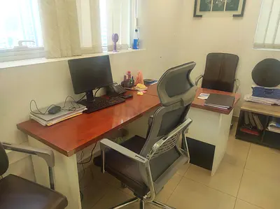 Wooden Office Desk with Chairs and Storage - Good Condition