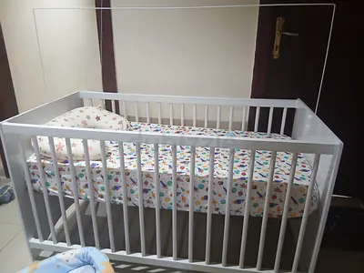 White Wooden Baby Crib with Mattress - Good Condition